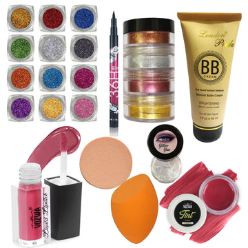 Vozwa eyeshadow fine Loose Glitter + waterproof eyeliner + 4 in 1 Tower Shimmer Dust + BB Cream Foundation + Pink Long Lasting Liquid Lipstick +  Makeup puff & Blender + Eye Glitter Glue + Lip & Cheek Tint (Makeup Combo 20 Pcs)
