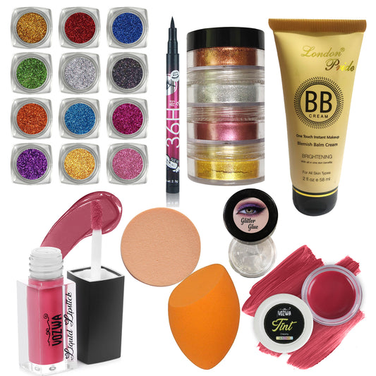 Vozwa eyeshadow fine Loose Glitter + waterproof eyeliner + 4 in 1 Tower Shimmer Dust + BB Cream Foundation + Pink Long Lasting Liquid Lipstick +  Makeup puff & Blender + Eye Glitter Glue + Lip & Cheek Tint (Makeup Combo 20 Pcs)