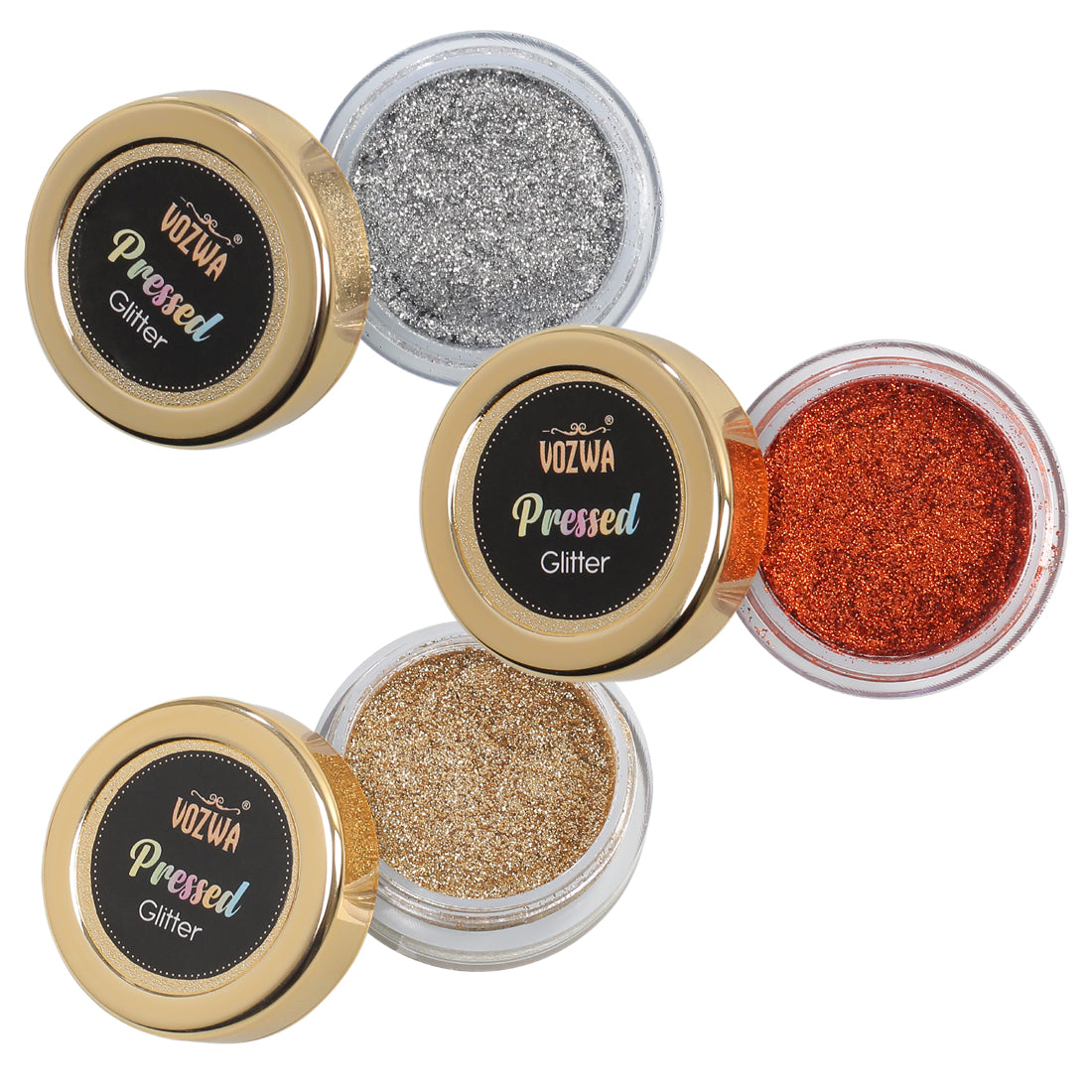 Vozwa Ultra Pigmented Pressed Glitter High Shine Shimmery Eyeshadow | Long wearing and Easily Blendable Eye makeup Palette Golden, Silver & Orange