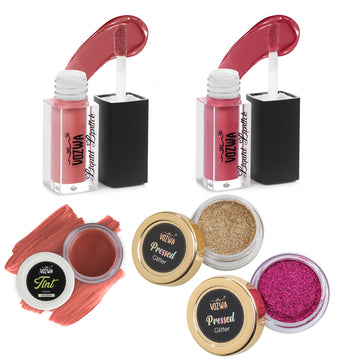 Vozwa Makeup Combo (2 Long Lasting Liquid Lipstick + Nude Brown Lip & Cheek Tint + 2 Eyeshadow Pressed Glitter)