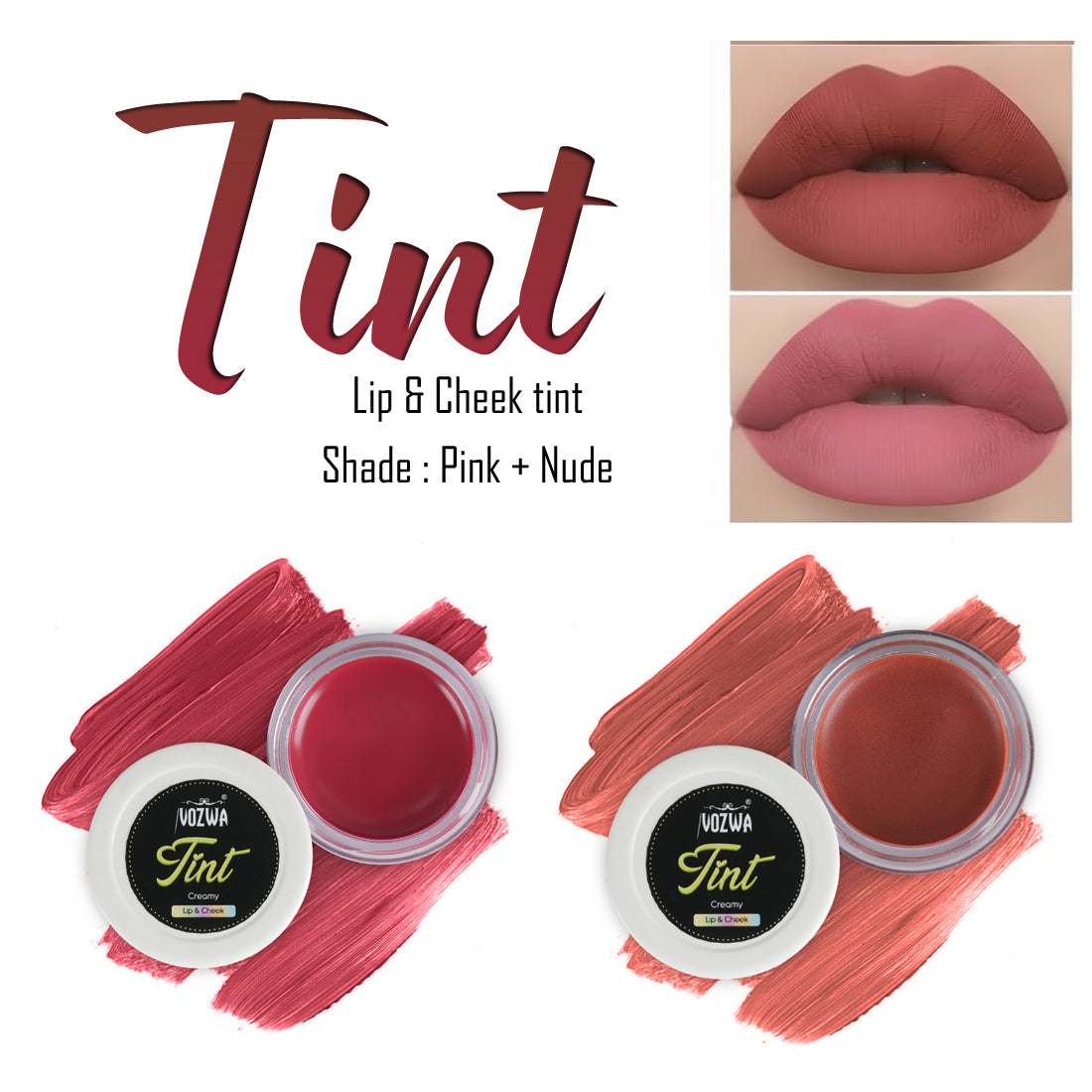 VOZWA Beauty Lip & Cheek Tint | Long Lasting, & Matte Finish (Shade - Pink + Nude)