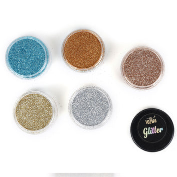 Vozwa 5 in 1 Tower Sparkle Loose Glitter Eyeshadow Set - Eye Makeup (Light Gold + Firozi + Gold + Silver + Dark Gold)