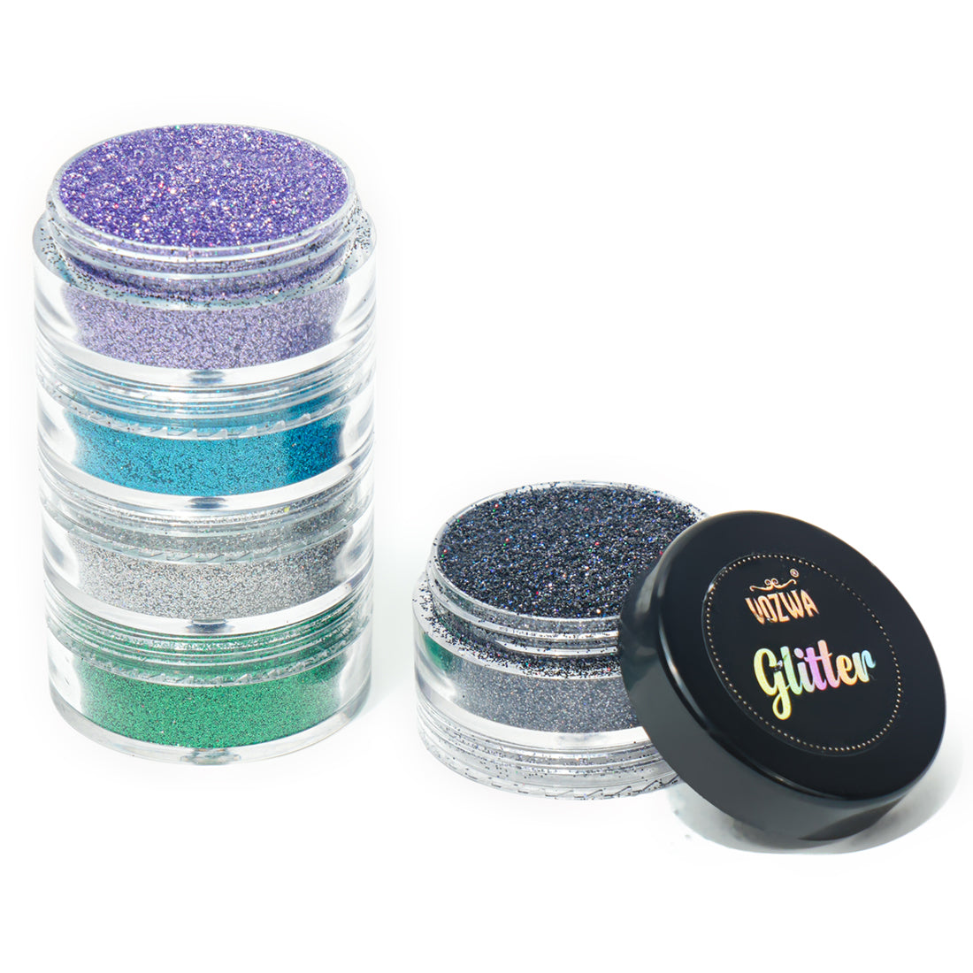 Vozwa Sparkle Holographic Glitter Tower Eyeshadow - Eye Makeup (Grey + Purple + Firozi + Silver + Green)