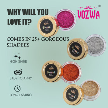 Vozwa Ultra Pigmented Pressed Glitter High Shine Shimmery Eyeshadow | Long wearing and Easily Blendable Eye makeup Palette Golden, Silver & Orange