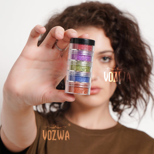 Vozwa 5 in 1 Loose Glitter Eyeshadow Tower (Red + Violet + Light Green + Blue + Oragne)